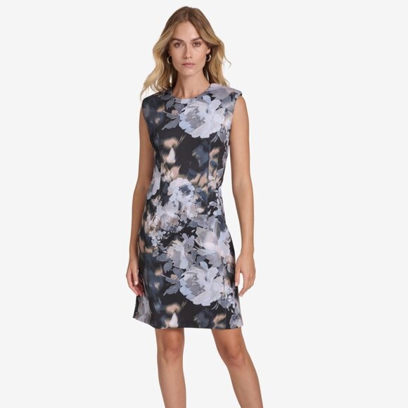 Calvin Klein Floral Scuba Cap-Sleeve Dress – Black Slate Multi | Size 14 NWT - Picture 1 of 5